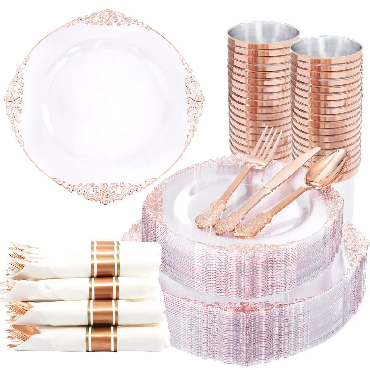 350PCS Rose Gold Plastic Plates - Rose Gold Plastic Dinnerware Sets for 50 Gu...