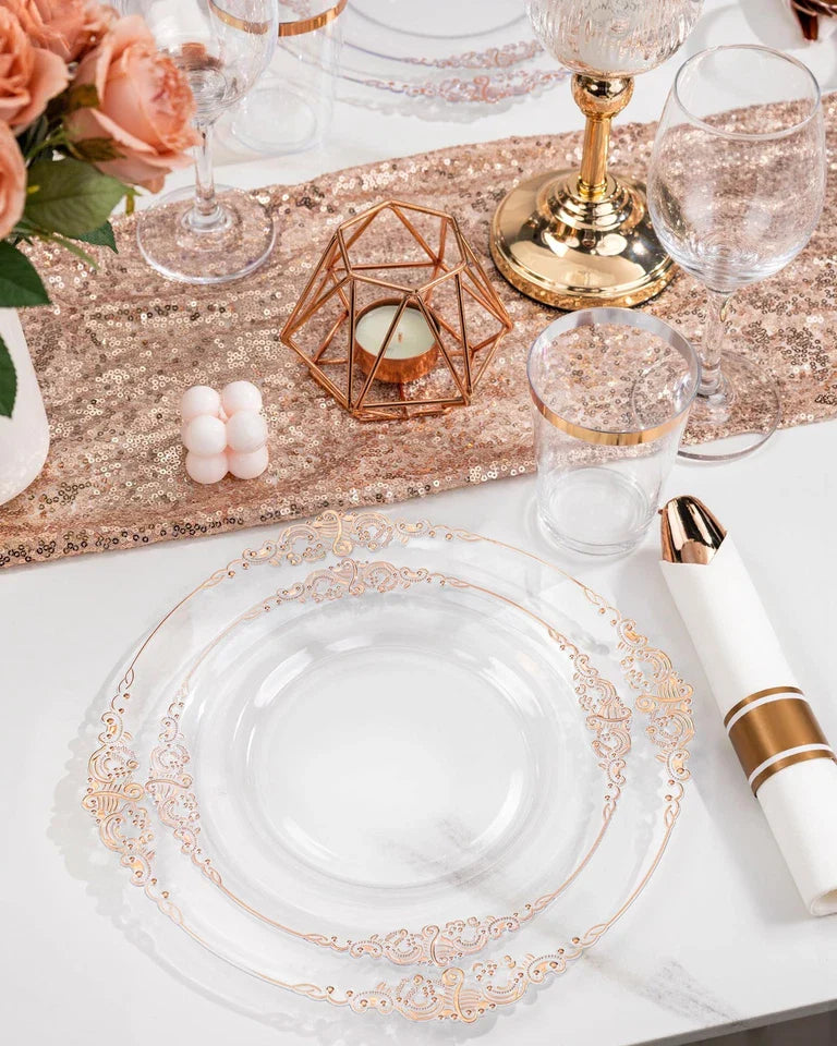 350PCS Rose Gold Plastic Plates - Rose Gold Plastic Dinnerware Sets for 50 Gu...